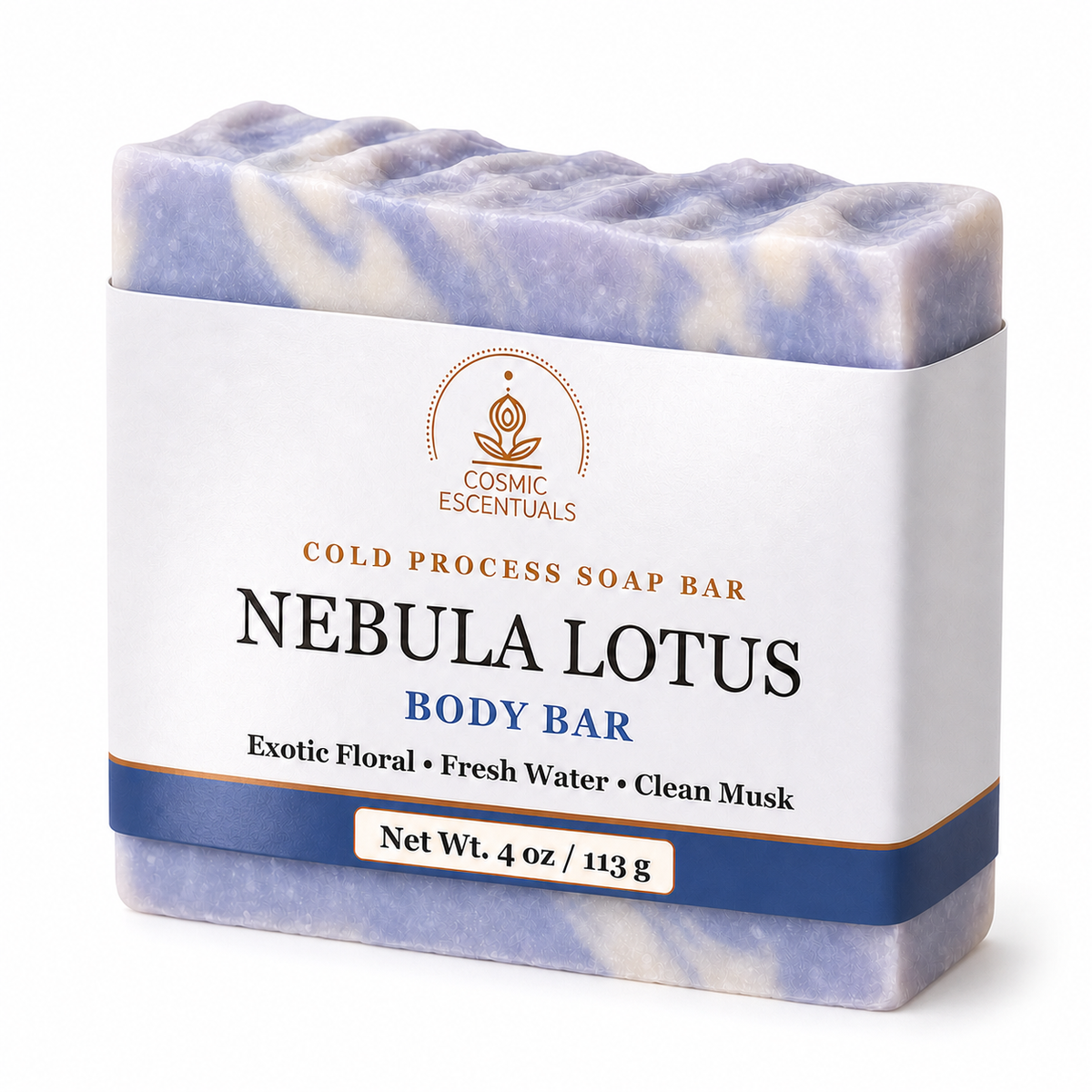 A bar of Cosmic Escentuals Nebula Lotus Body Bar soap, wrapped in a white paper label with blue and gold accents, showing the marbled lavender and cream soap bar inside, on a white background.