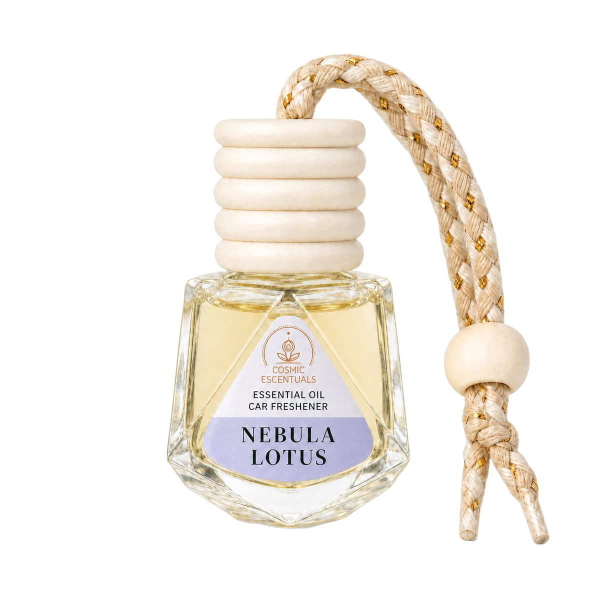 Cosmic Escentuals Nebula Lotus car freshener bottle with a faceted clear glass body, pale yellow oil, a cream-colored wooden cap, and a matching cream braided cord with a wooden bead, shown on a white background.