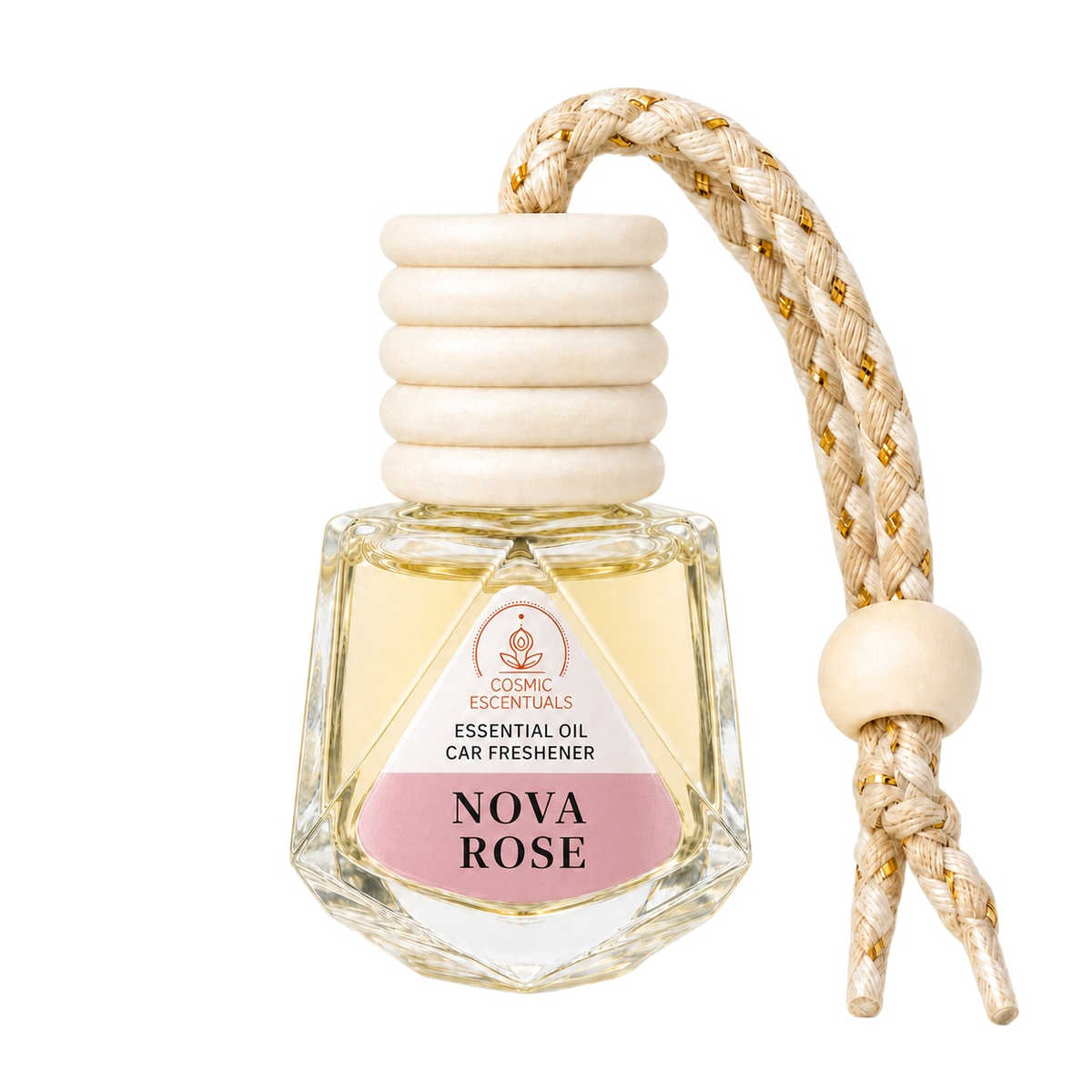 A glass car freshener bottle with a faceted geometric design, filled with pale yellow liquid and featuring a pink label that reads 'NOVA ROSE'. It has a stacked cream-colored stone cap and is accompanied by a braided beige cord with a wooden bead, all on a solid white background.