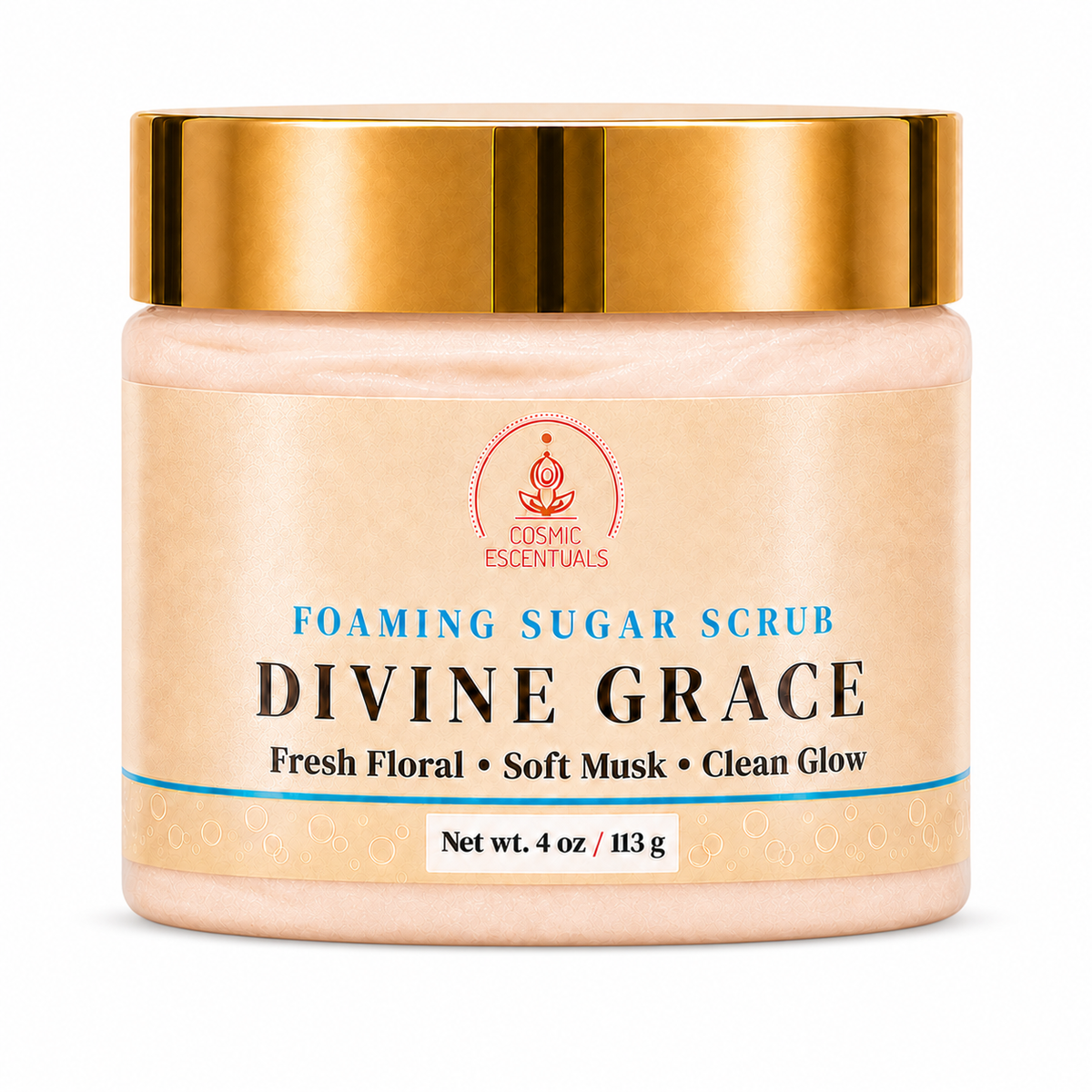 Cosmic Essentials Divine Grace Foaming Sugar Scrub in a 4 oz jar with a metallic gold lid and a beige label.