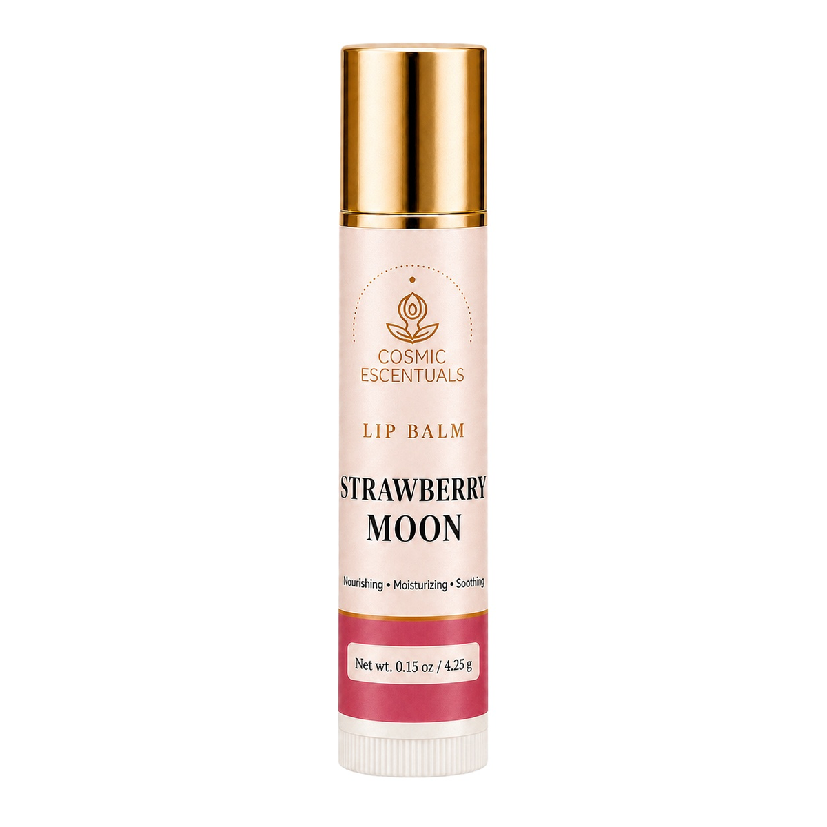 Strawberry Moon Lip Balm tube photographed on a clean white background.
