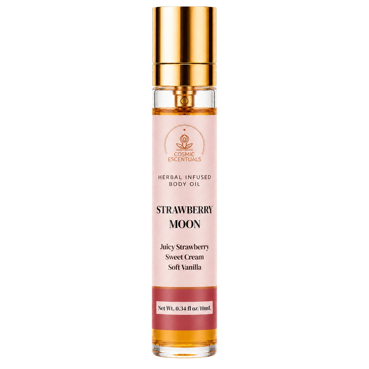 Strawberry Moon Herbal Body Oil Spray bottle photographed on a clean white background.