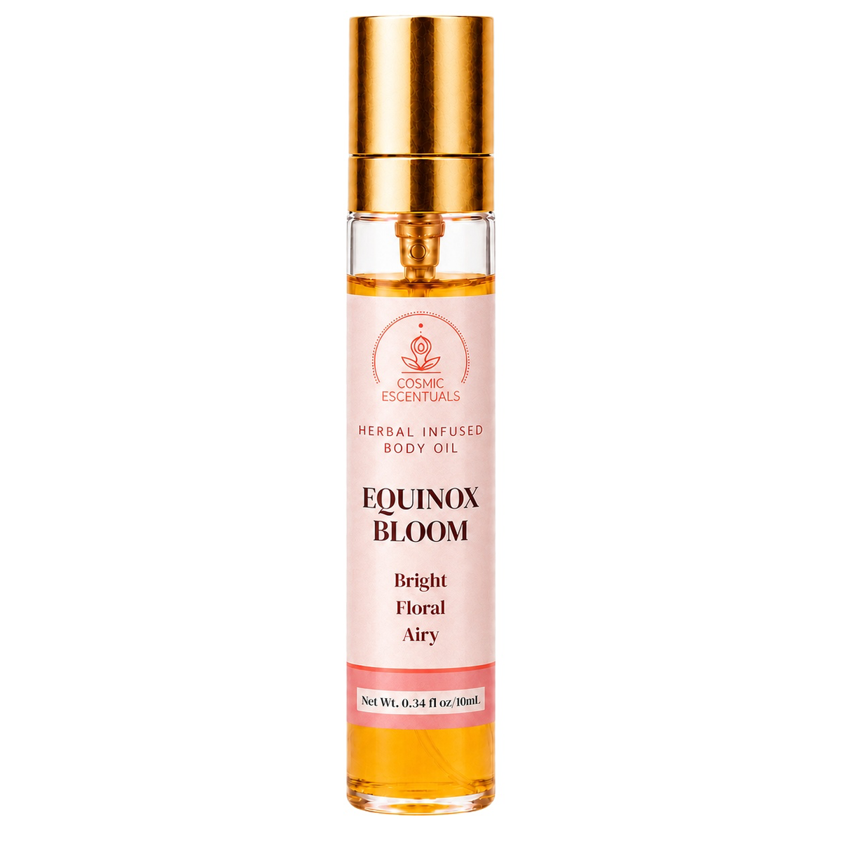 Equinox Bloom Herbal Body Oil Spray bottle photographed on a clean white background.