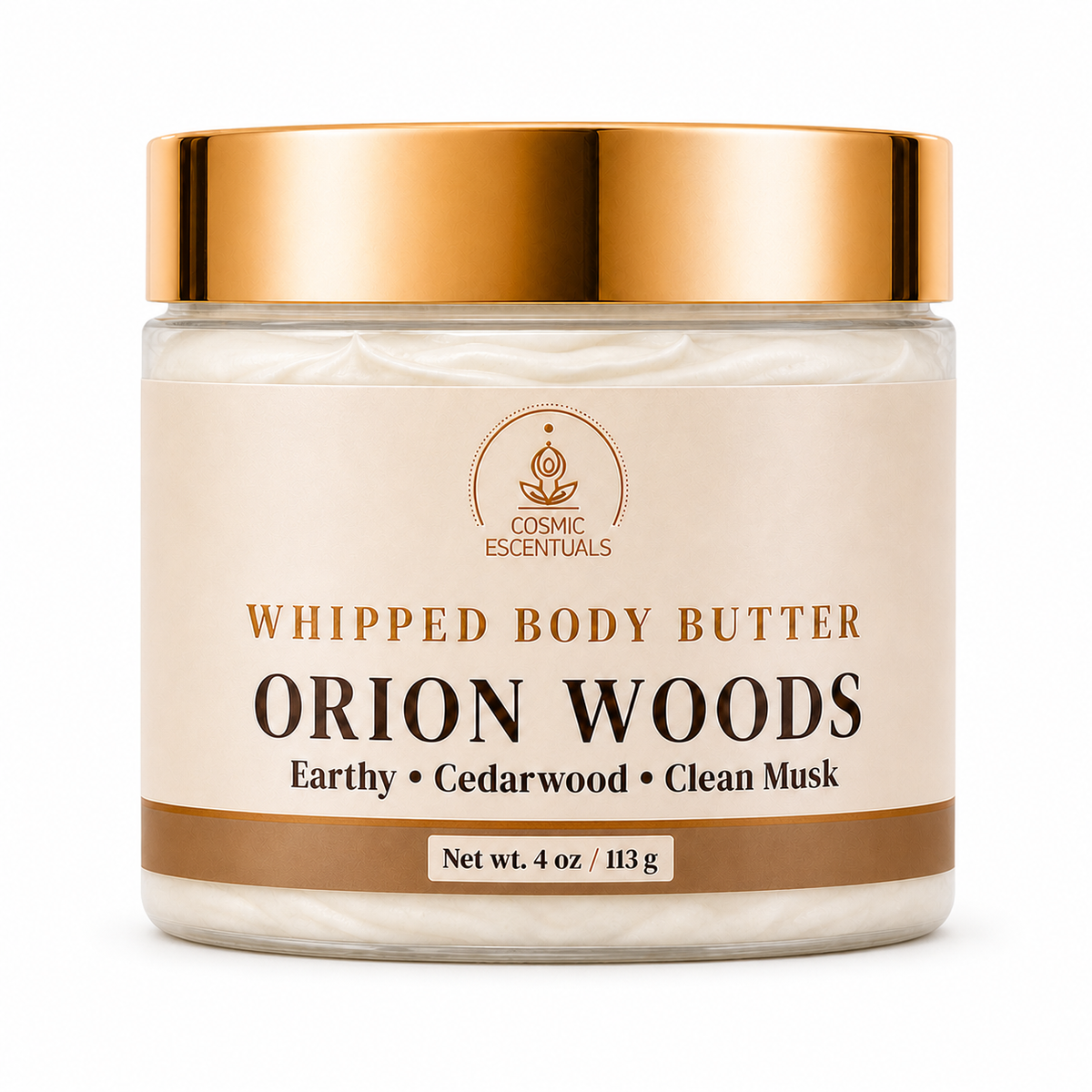 Cosmic Essentials Whipped Body Butter in the Orion Woods scent, in a clear jar with a metallic gold lid and a beige label.