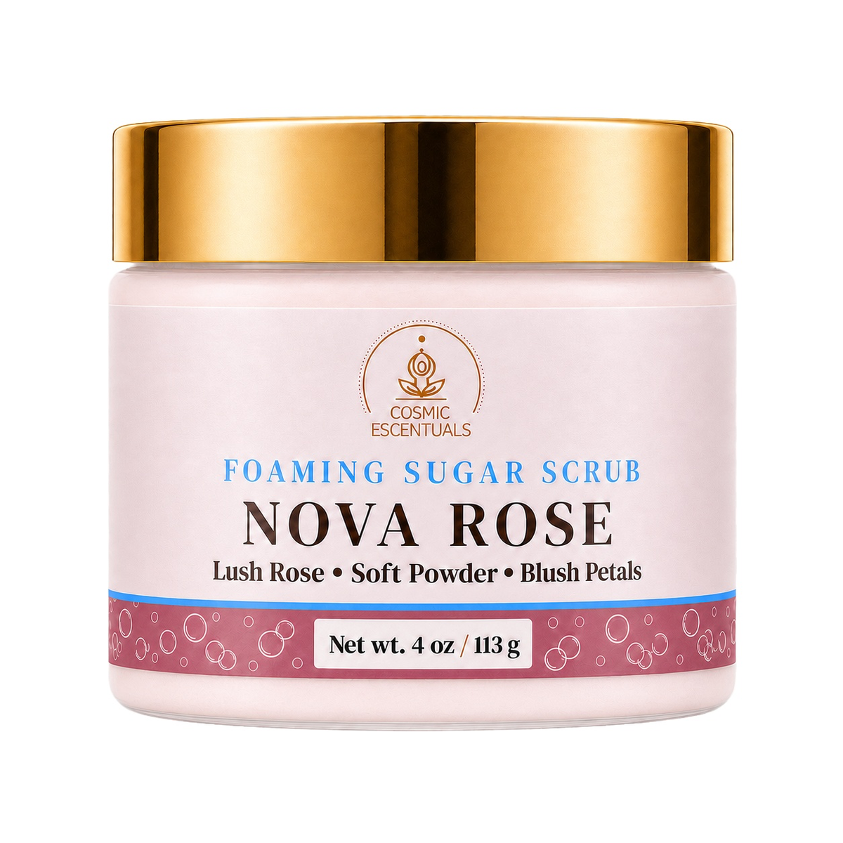 Cosmic Escentuals Nova Rose Foaming Sugar Scrub in a 4 oz jar with a metallic gold lid and a pale pink label.