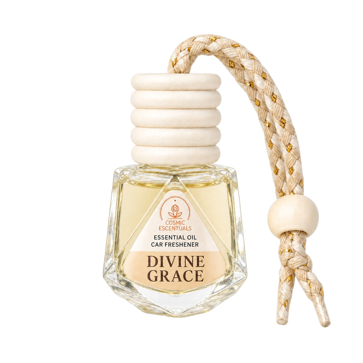 A bottle of Divine Grace essential oil car freshener by Cosmic Escentuals, featuring a faceted clear glass bottle with pale yellow liquid, a stacked cream-colored wooden cap, and a braided beige cord with a wooden bead.