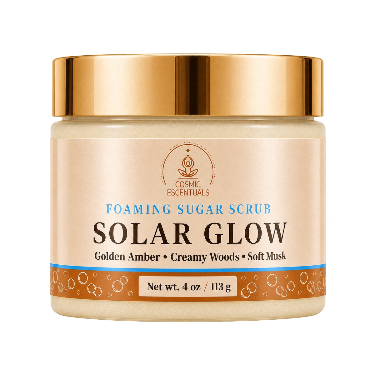 Cosmic Escentuals Solar Glow Foaming Sugar Scrub in a 4 oz jar with a metallic gold lid and a beige label, isolated on a white background.