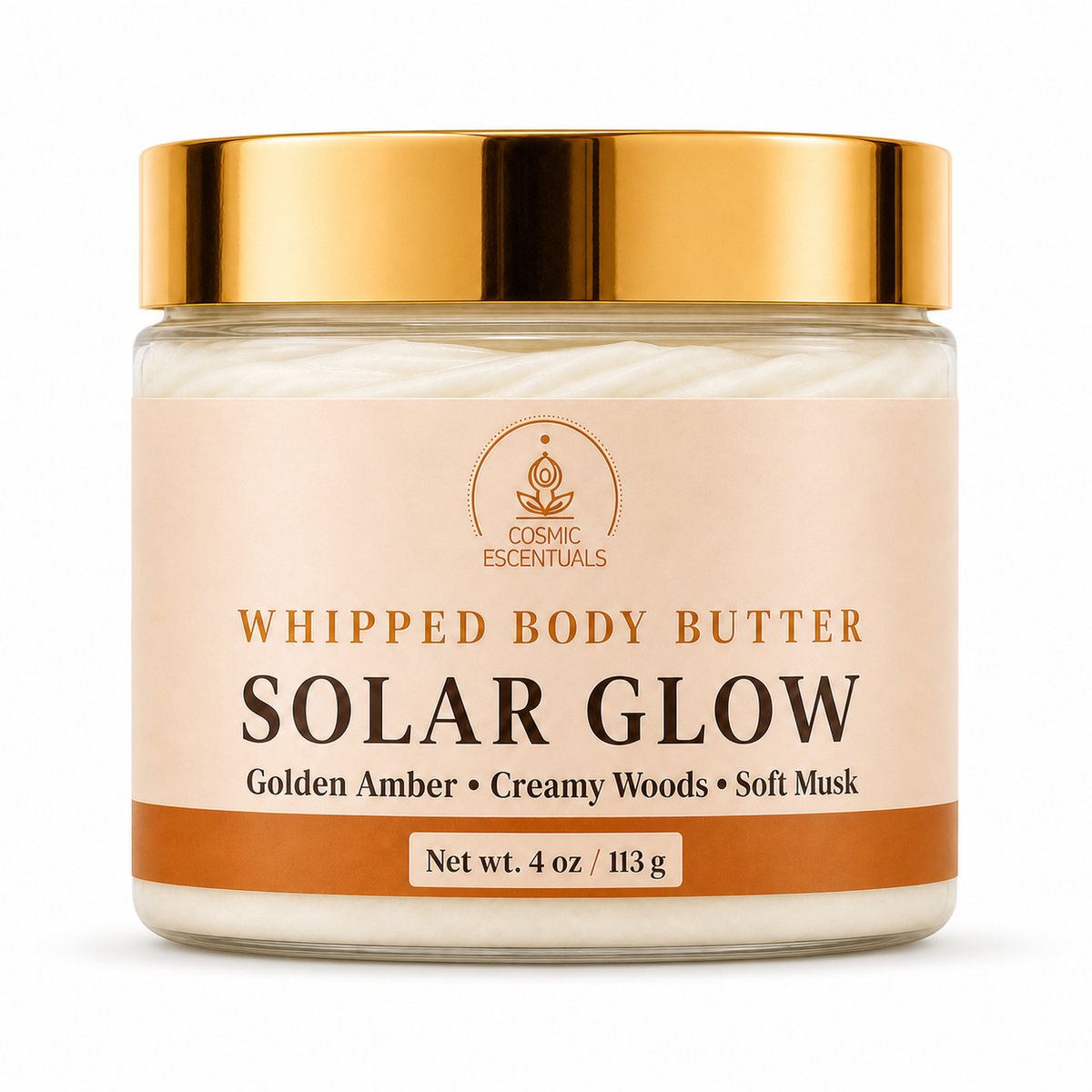 A jar of Cosmic Escentuals Whipped Body Butter labeled 'Solar Glow' with golden amber, creamy woods, and soft musk. The jar has a reflective gold lid and a beige label with brown text, set against a plain white background.