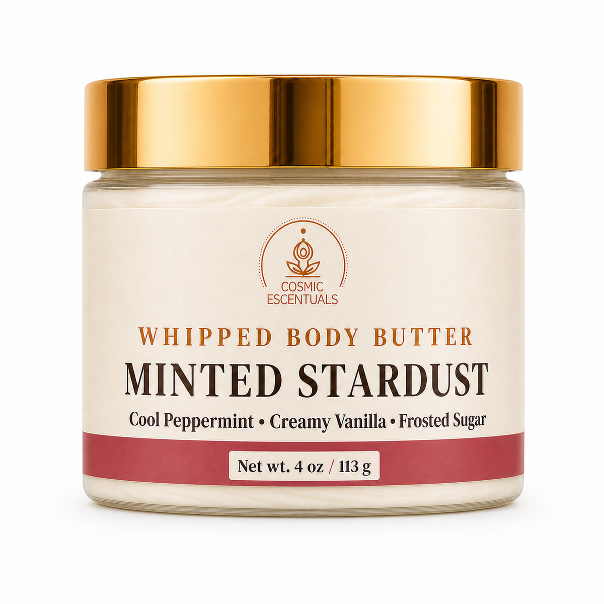 Cosmic Escentuals Whipped Body Butter in Minted Stardust scent, in a 4 oz glass jar with a shiny gold lid and cream-colored label.
