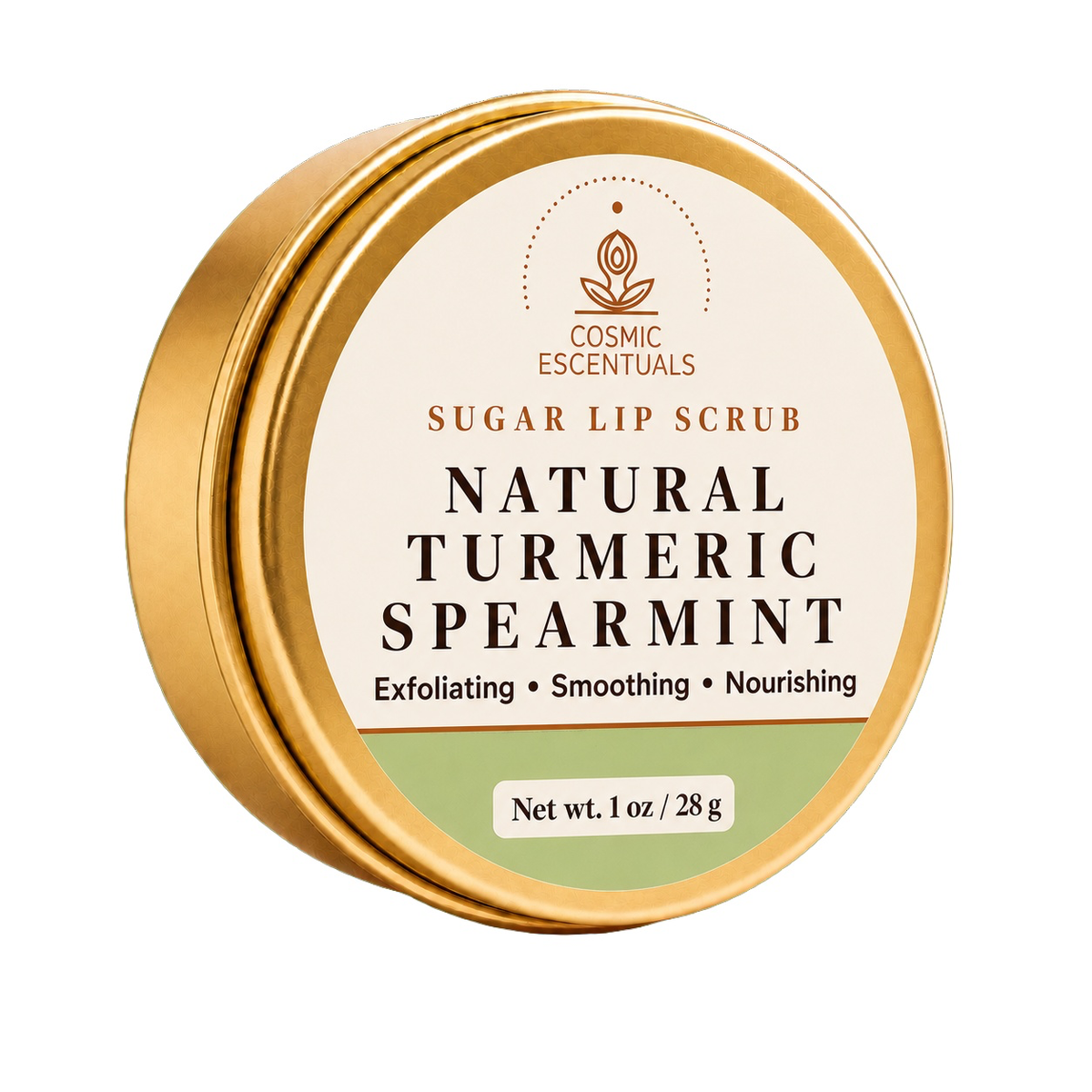 Natural Turmeric Spearmint Sugar Lip Scrub tin photographed on a clean white background.