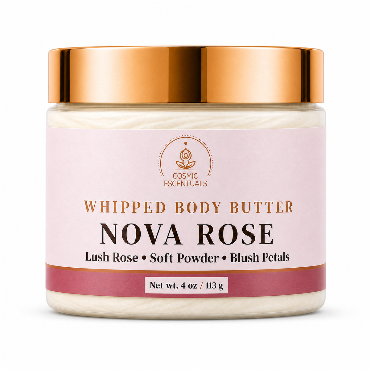 Cosmic Escentuals Whipped Body Butter in Nova Rose, featuring a white jar with a metallic rose gold lid and a light pink label.