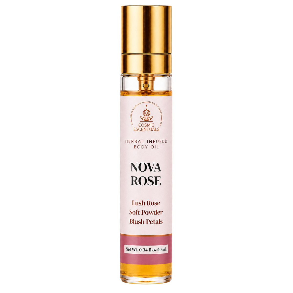 Nova Rose Herbal Body Oil Spray bottle photographed on a clean white background.