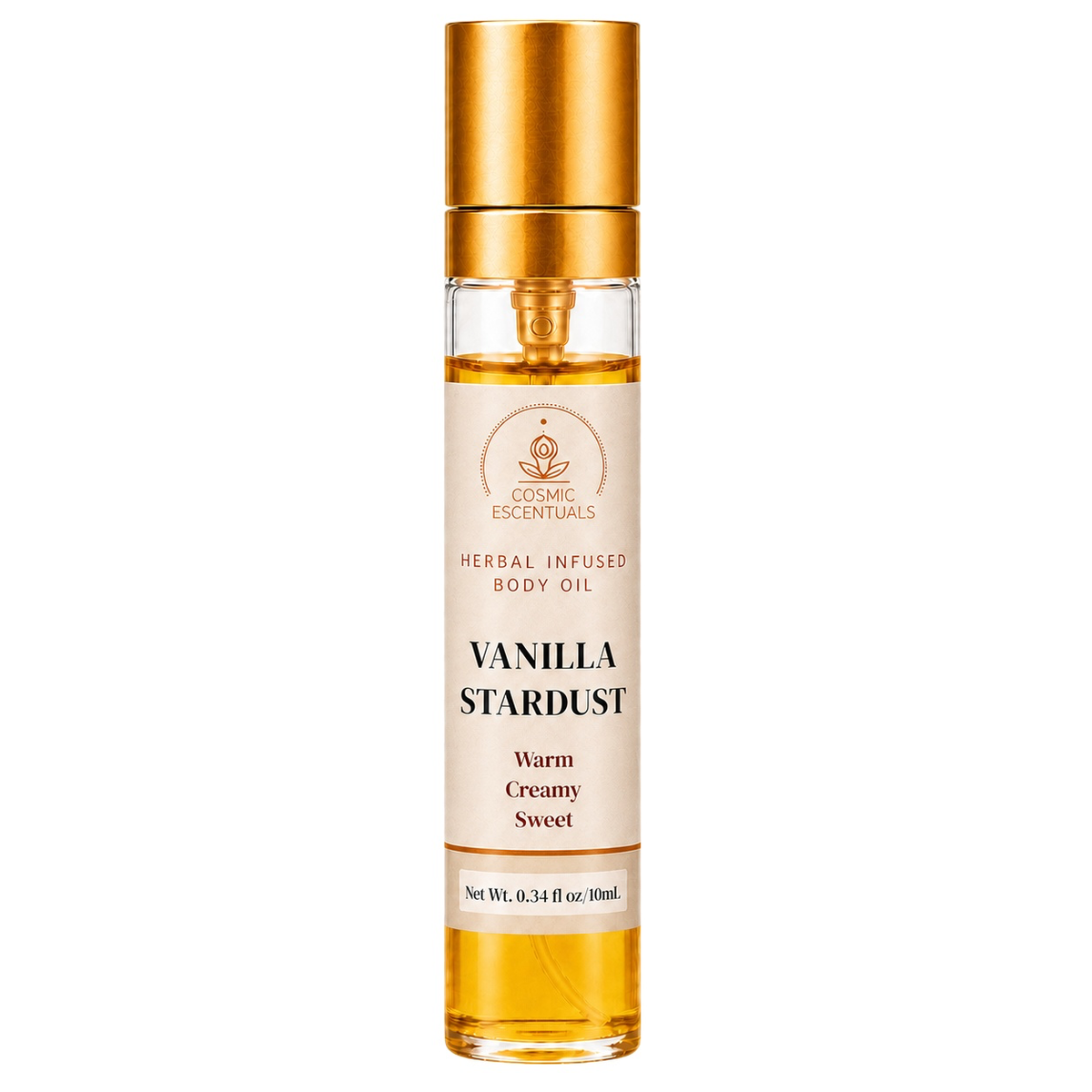 Vanilla Stardust Herbal Body Oil Spray bottle photographed on a clean white background.