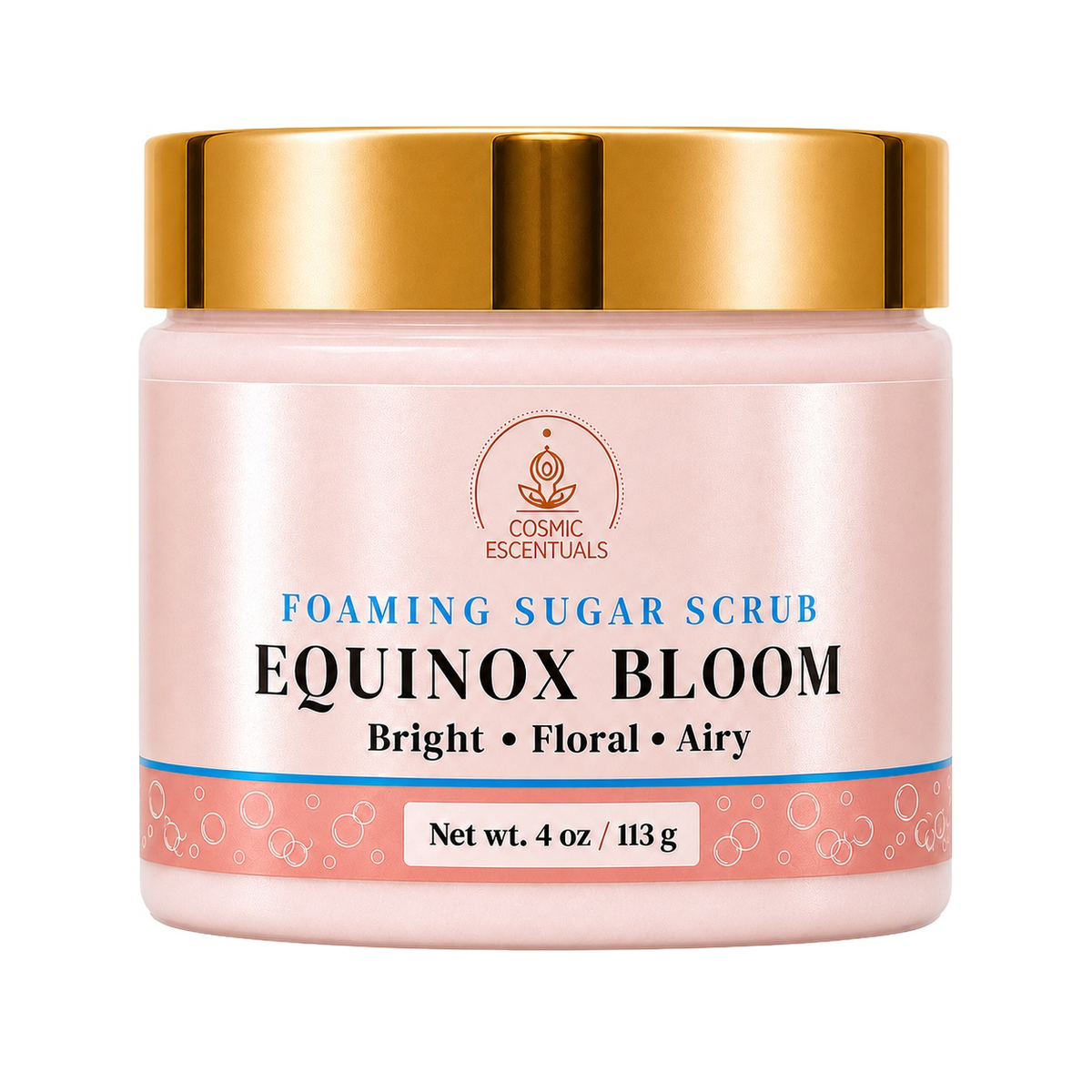 Cosmic Escentuals Equinox Bloom Foaming Sugar Scrub in a 4 oz jar with a metallic gold lid and a pink label.