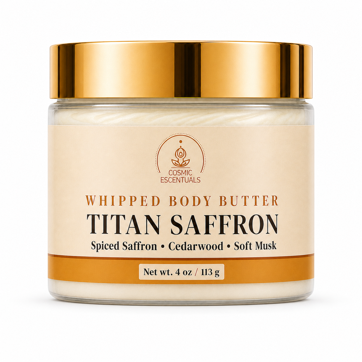 A jar of Cosmic Essentials Titan Saffron Whipped Body Butter with a cream-colored label and a shiny gold lid, set against a plain white background.