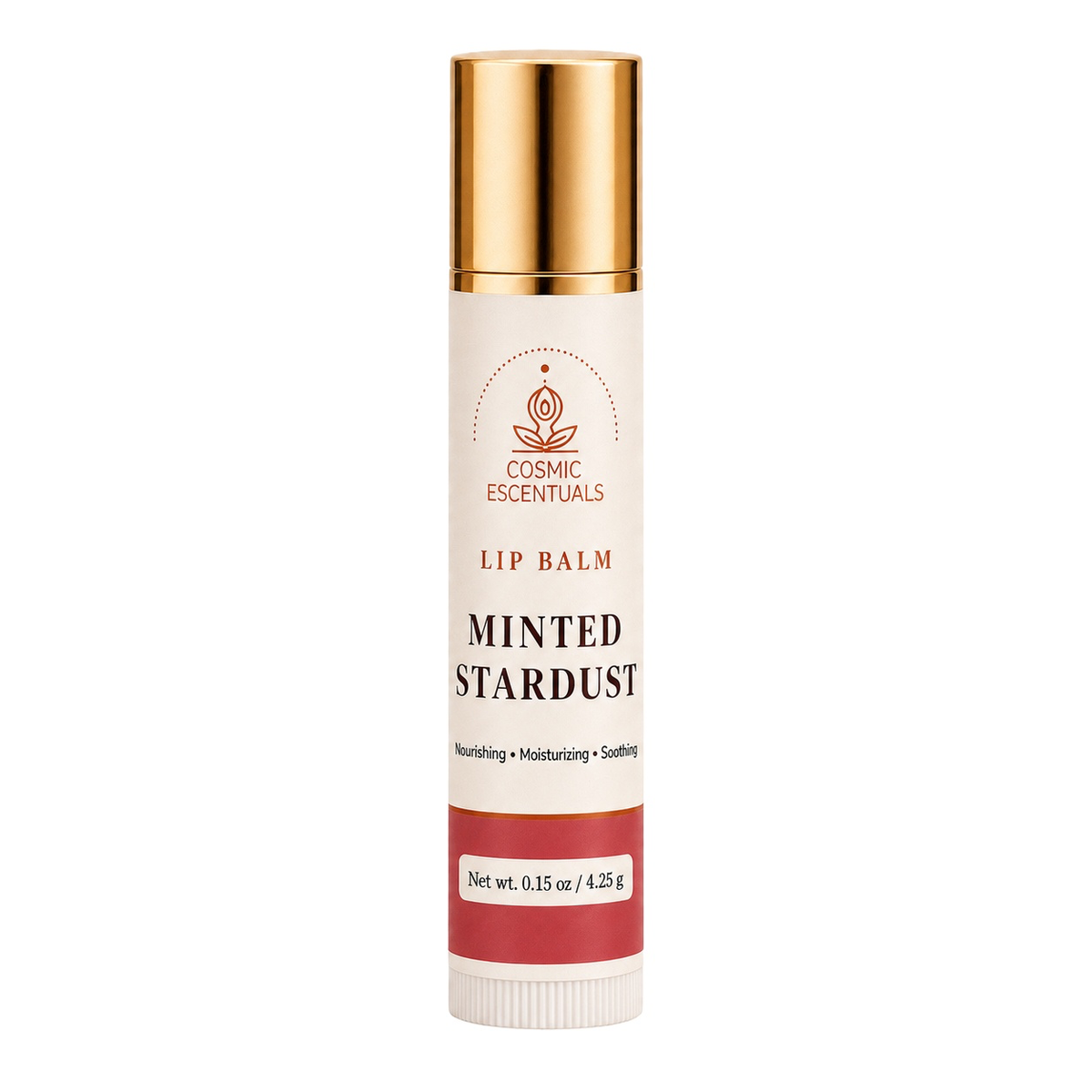 Cosmic Escentuals Minted Stardust lip balm in a cylindrical tube with a gold cap, cream-colored body, and a red band at the bottom, shown on a plain white background.
