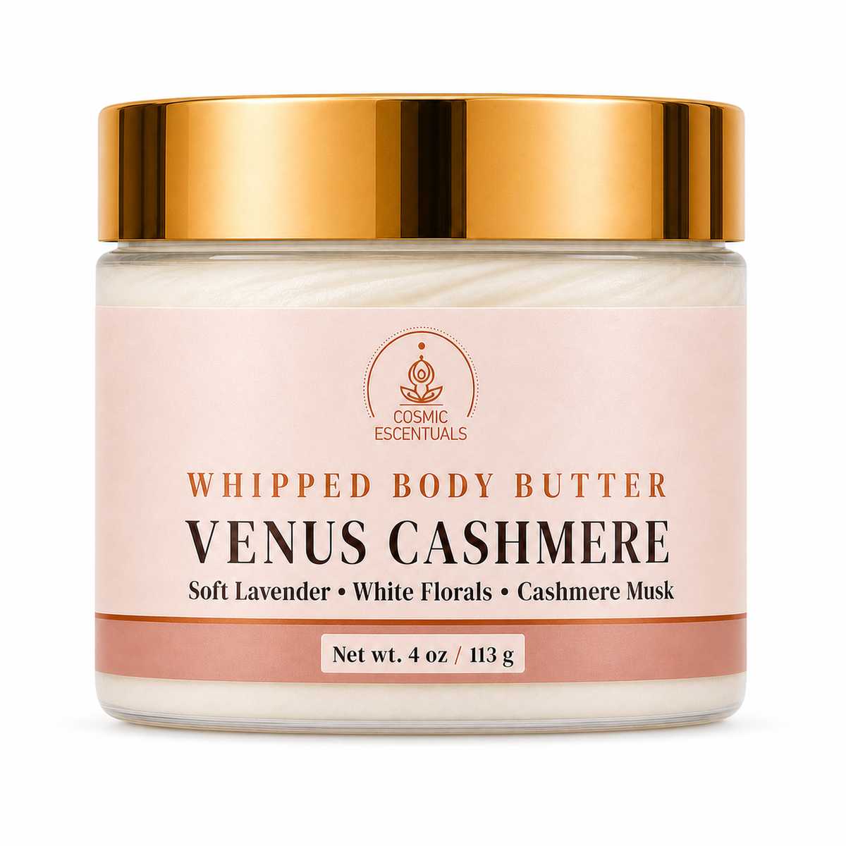 Cosmic Essentials Whipped Body Butter in Venus Cashmere, in a clear jar with a cream-colored body, a pale pink label, and a shiny gold lid, set against a plain white background.