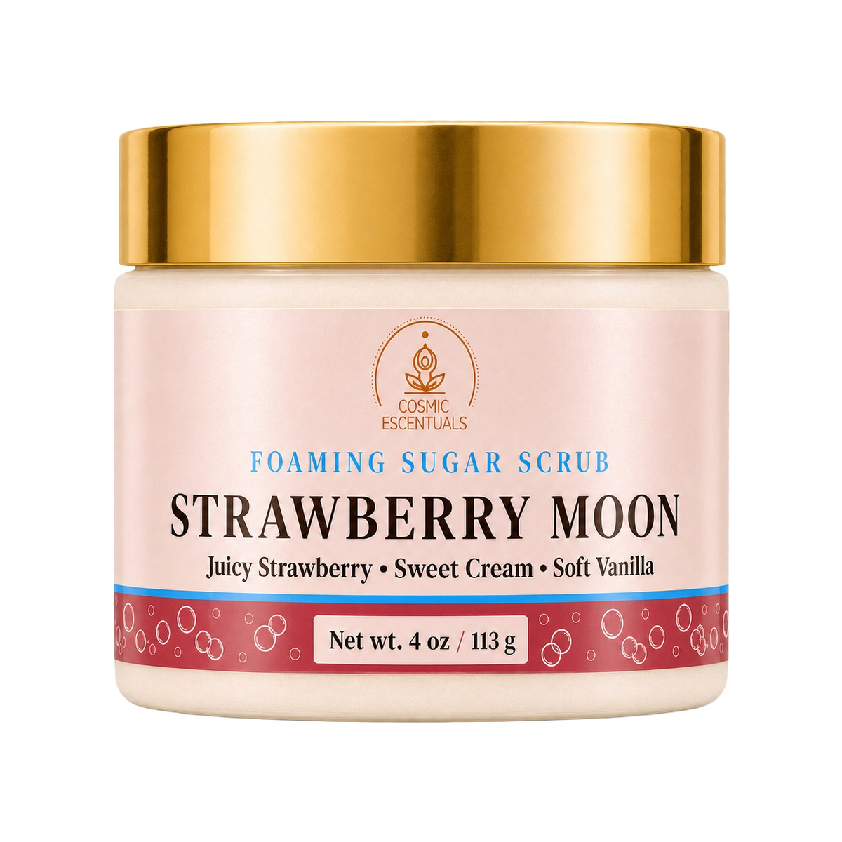 Cosmic Escentuals Strawberry Moon Foaming Sugar Scrub in a 4 oz jar with a gold lid and a pink label.