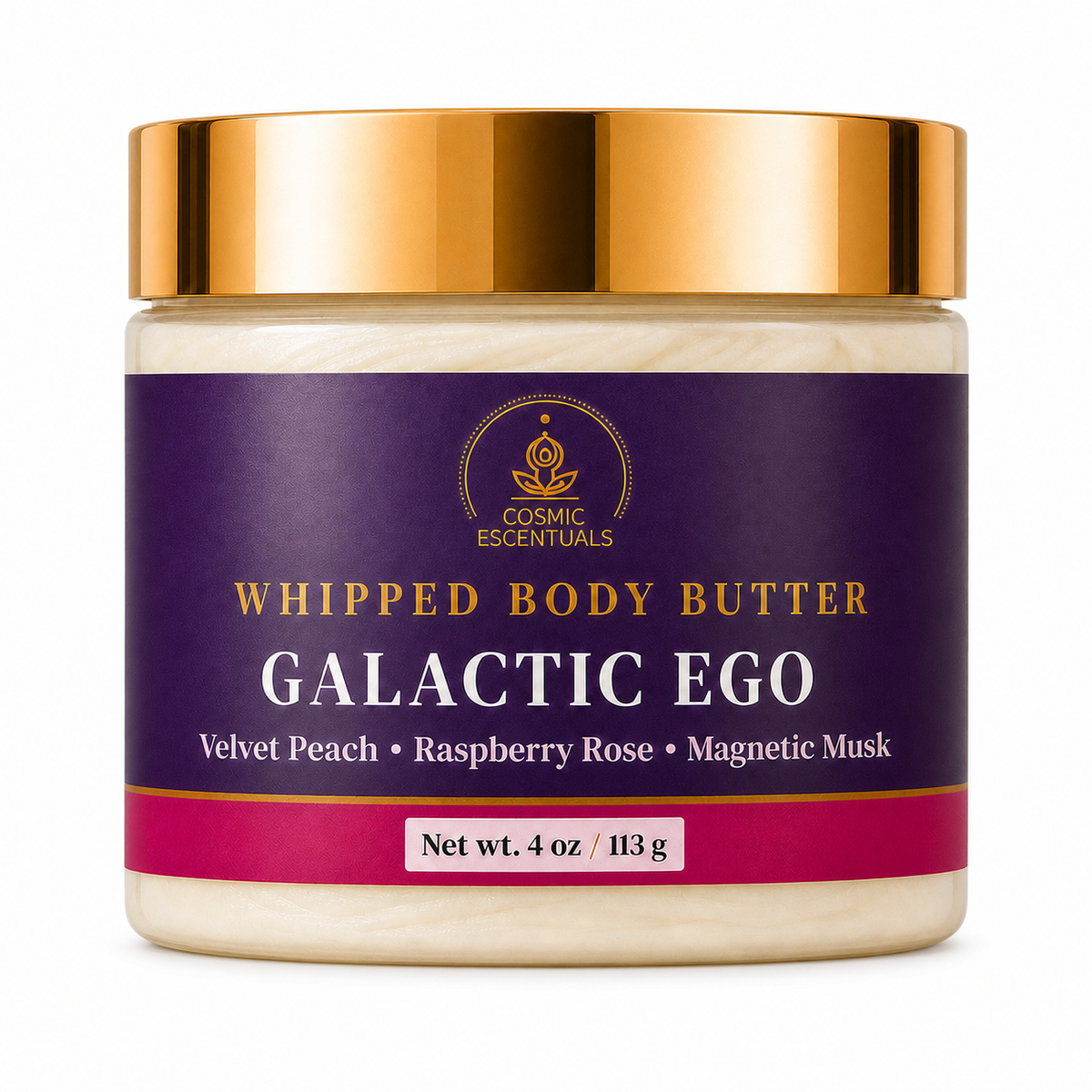 Cosmic Escentuals Whipped Body Butter in the 'Galactic Ego' scent, in a 4 oz jar with a metallic gold lid and a deep purple label.