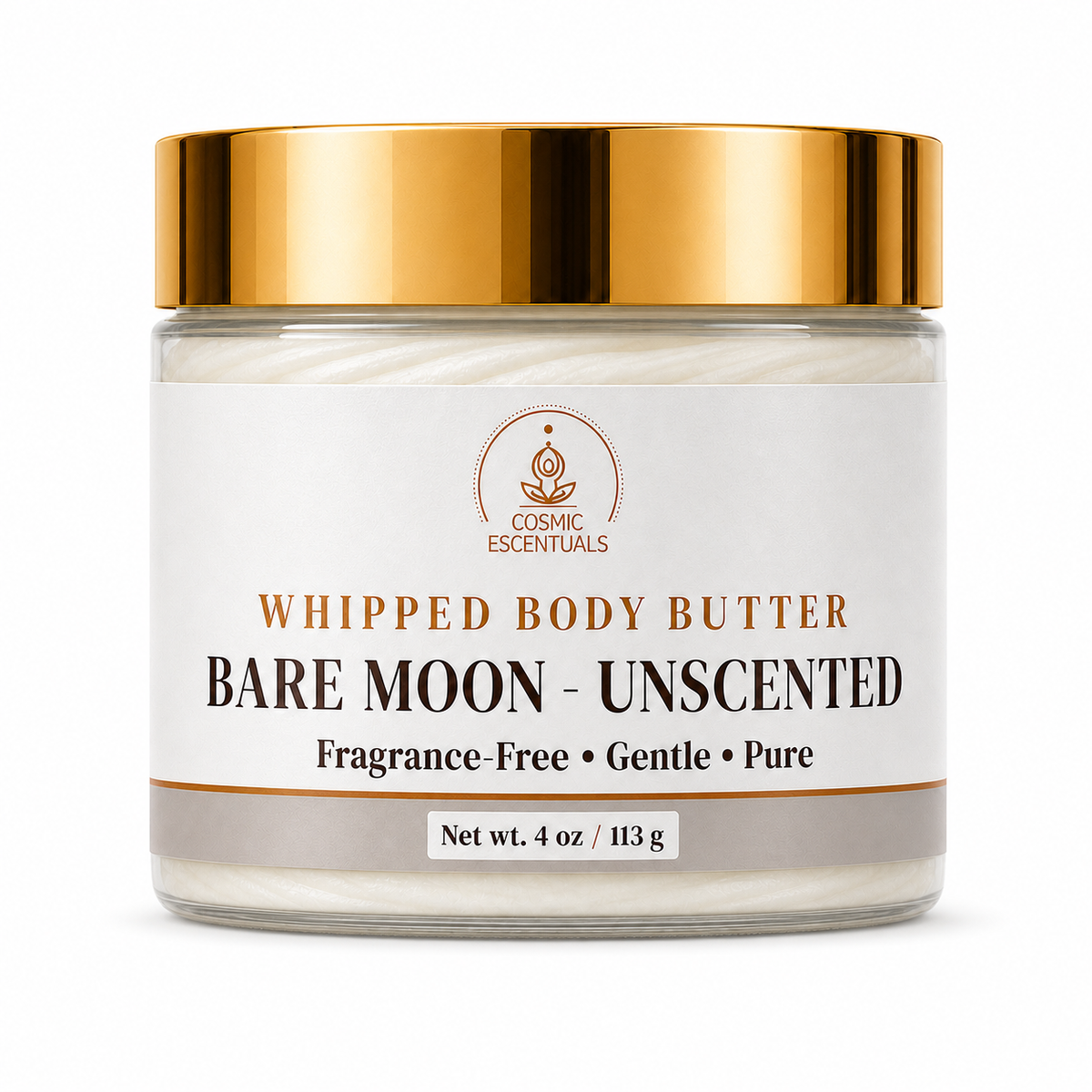 A jar of Cosmic Essentials Whipped Body Butter, Bare Moon - Unscented, featuring a white label and a shiny gold metallic lid, set against a plain white background.