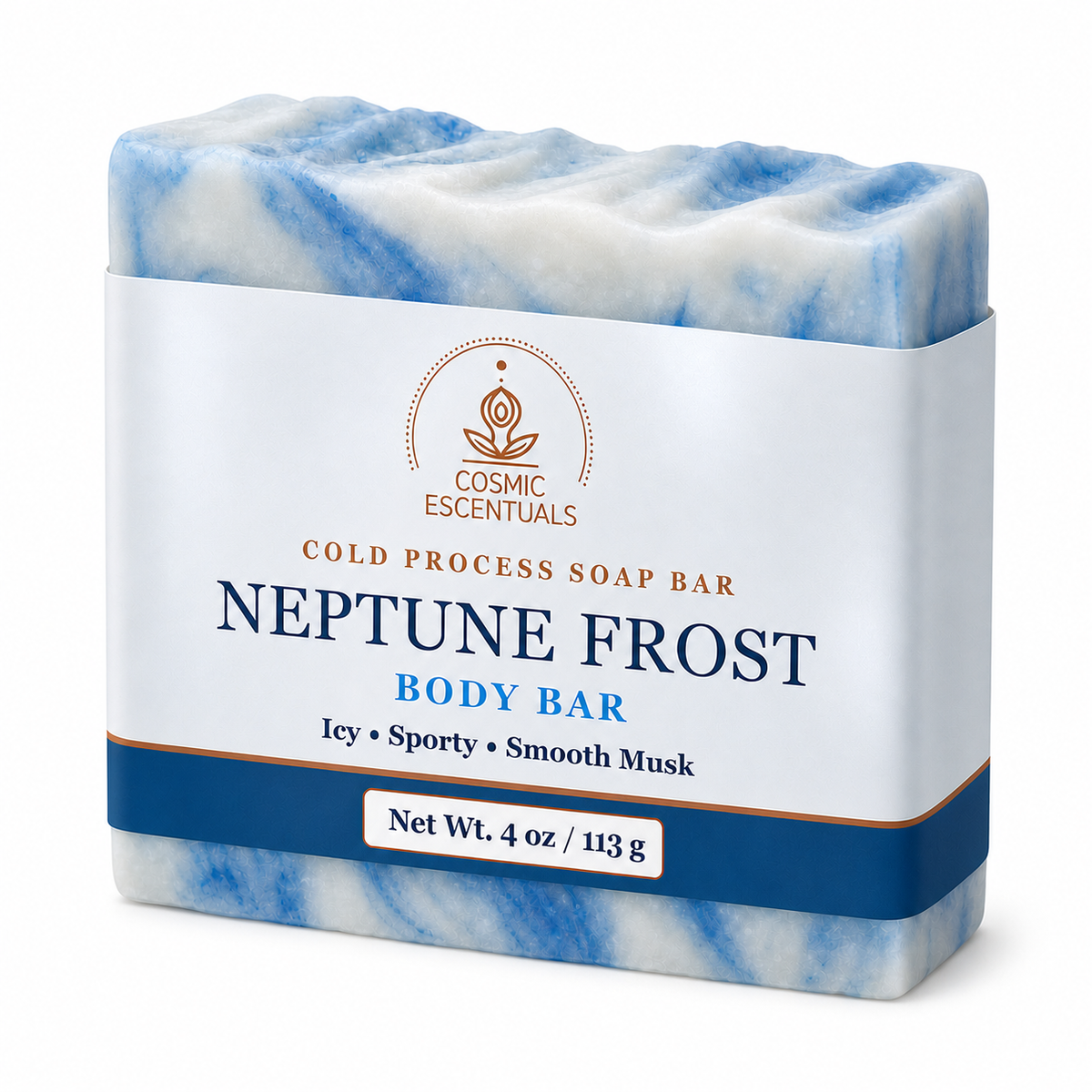 A packaged cold process soap bar labeled 'Neptune Frost Body Bar' by Cosmic Escentuals, shown on a clean white background. The soap has a marbled blue-and-white appearance, and the paper band is white with blue and gold text.