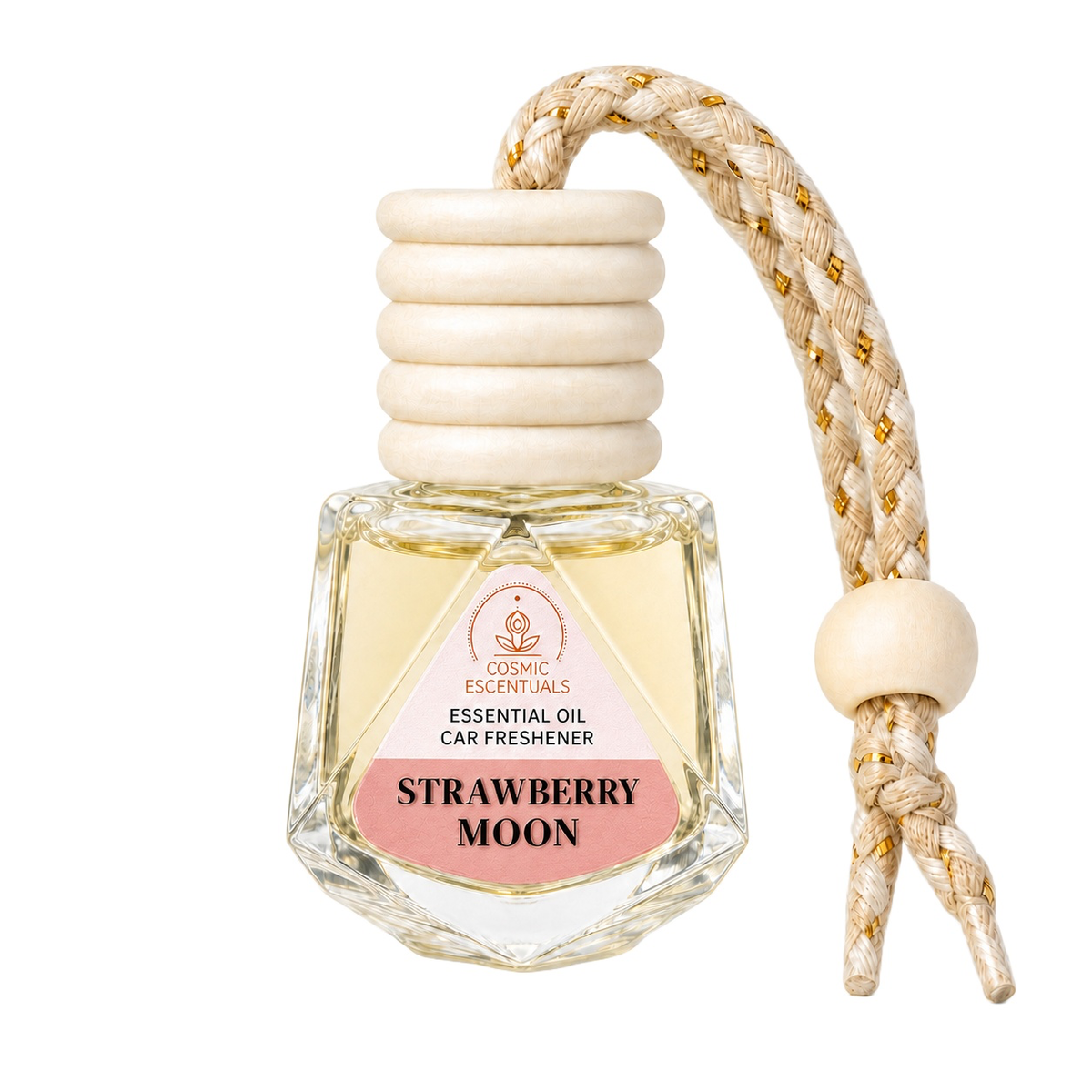 Strawberry Moon Essential Oil Car Freshener bottle photographed on a clean white background.