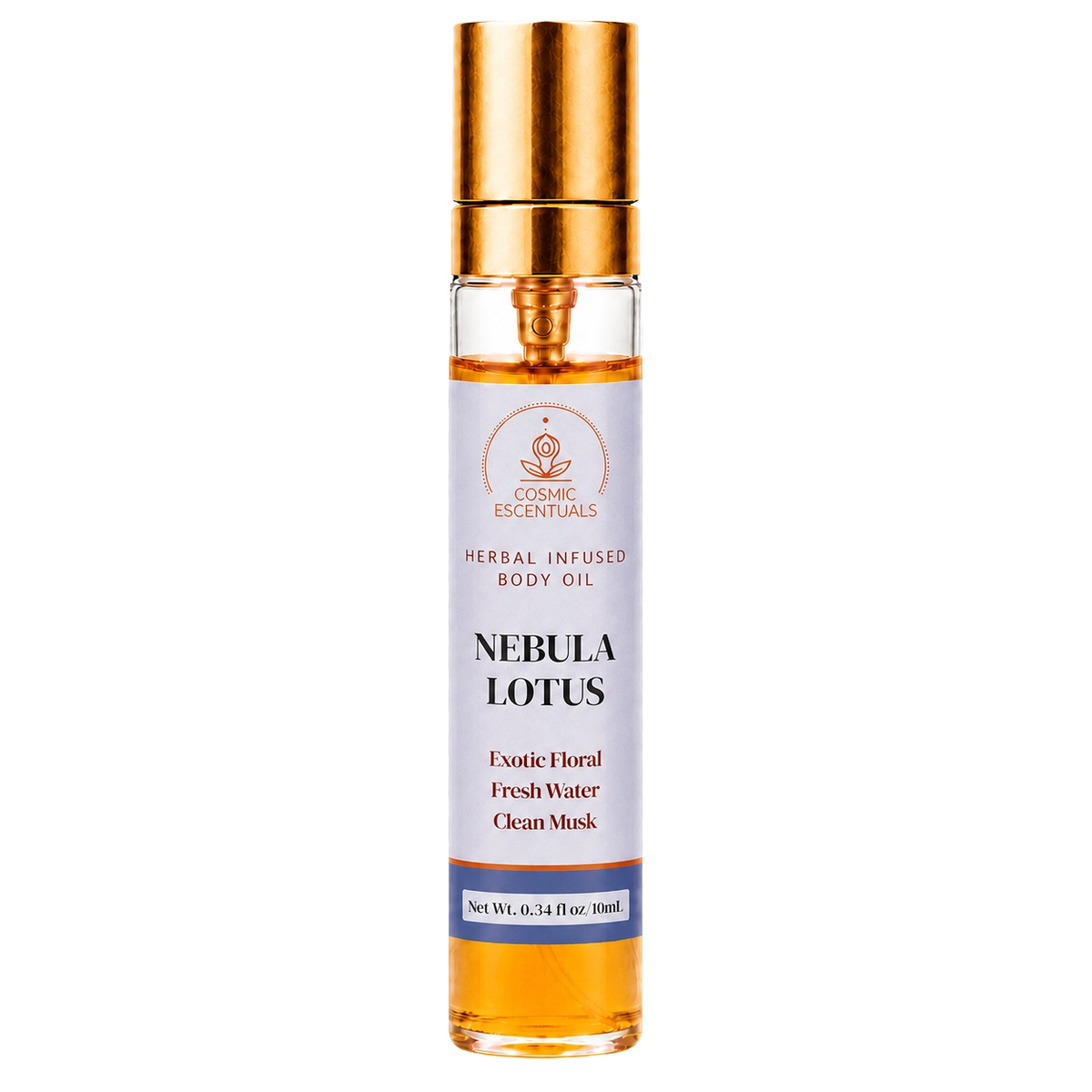 Nebula Lotus Herbal Body Oil Spray bottle photographed on a clean white background.