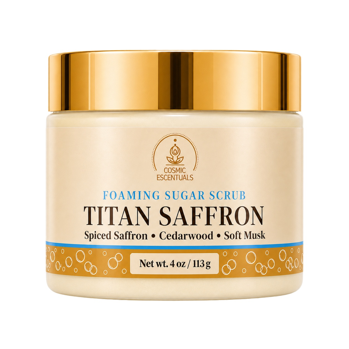 Cosmic Essentials Titan Saffron Foaming Sugar Scrub in a 4 oz jar with a cream-colored body and a shiny gold lid, set against a plain white background.