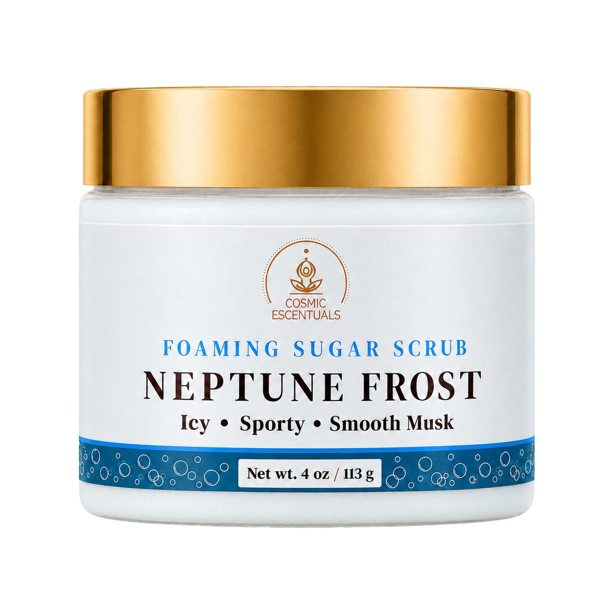 Cosmic Escentuals Neptune Frost Foaming Sugar Scrub in a white jar with a metallic gold lid and a blue-accented label.