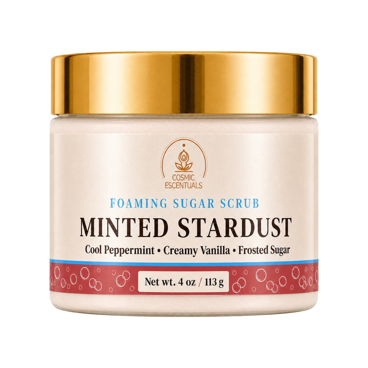 Cosmic Escentuals Minted Stardust Foaming Sugar Scrub in a 4 oz jar with a shiny gold lid and cream-colored label.