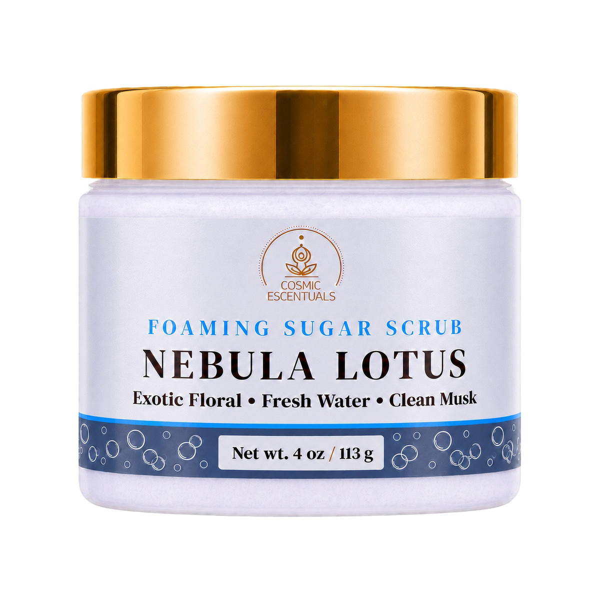 Cosmic Essentials Nebula Lotus Foaming Sugar Scrub in a white jar with a shiny gold lid and a blue-accented label, set against a plain white background.