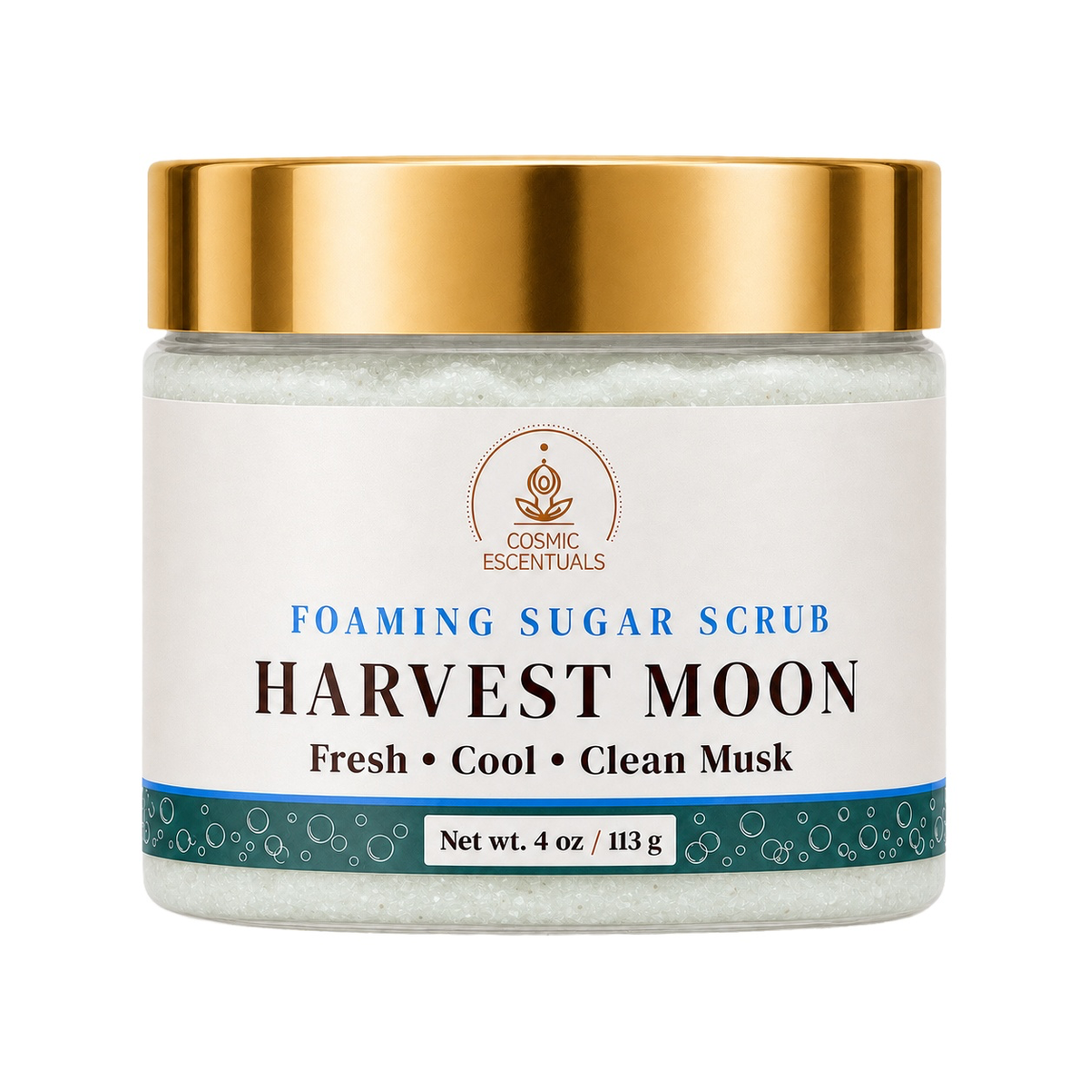 Cosmic Essentials Harvest Moon Foaming Sugar Scrub in a 4 oz jar with a white label, gold lid, and teal and blue accents.