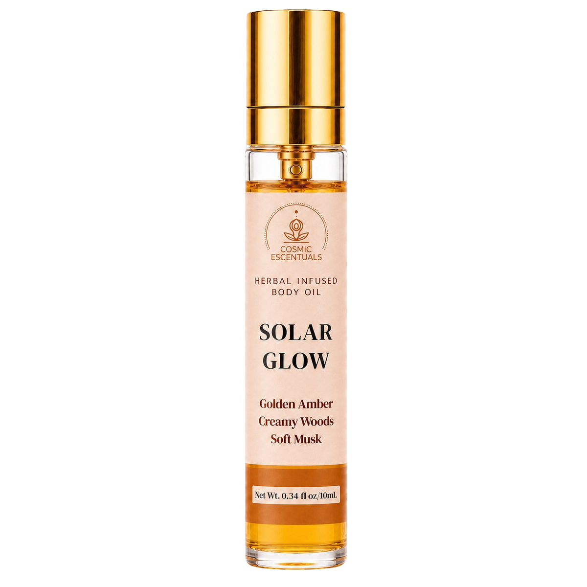 Solar Glow Herbal Body Oil Spray bottle photographed on a clean white background.
