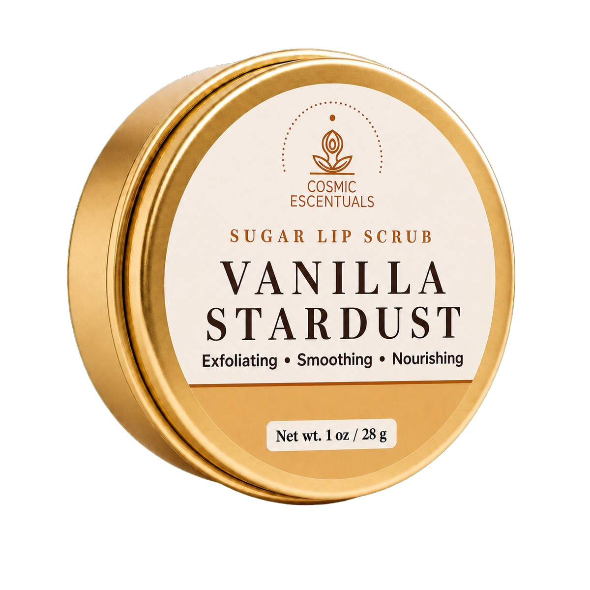 Vanilla Stardust Sugar Lip Scrub tin photographed on a clean white background.