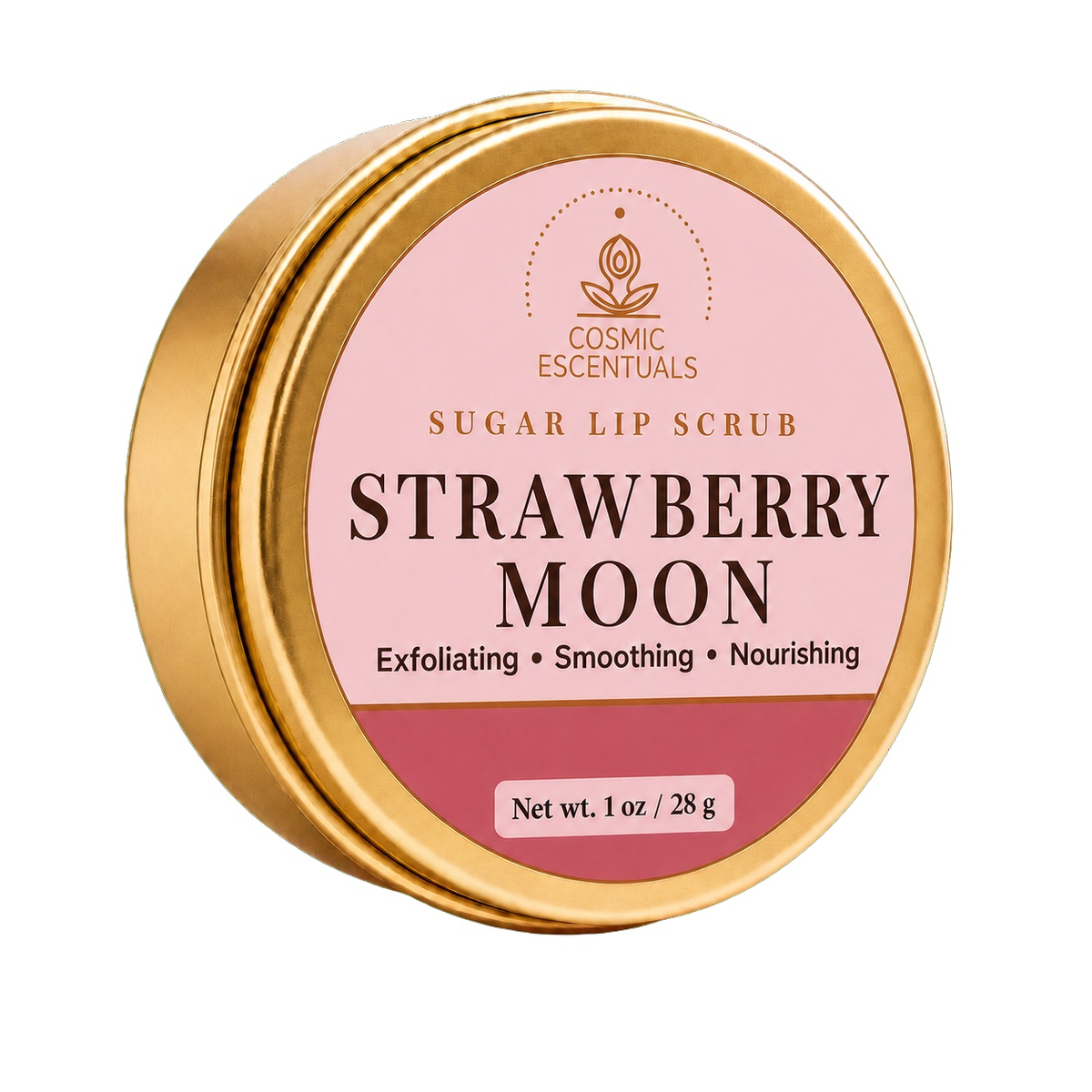 Strawberry Moon Sugar Lip Scrub tin photographed on a clean white background.