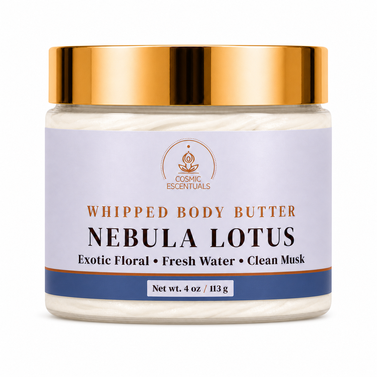 Cosmic Essentials Whipped Body Butter in Nebula Lotus scent, in a clear jar with a metallic gold lid and a lavender label, on a white background.