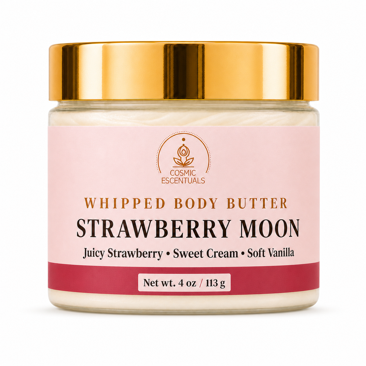 Cosmic Escentuals Whipped Body Butter in Strawberry Moon, in a 4 oz jar with a gold lid, pink label, and cream-colored body butter visible inside.