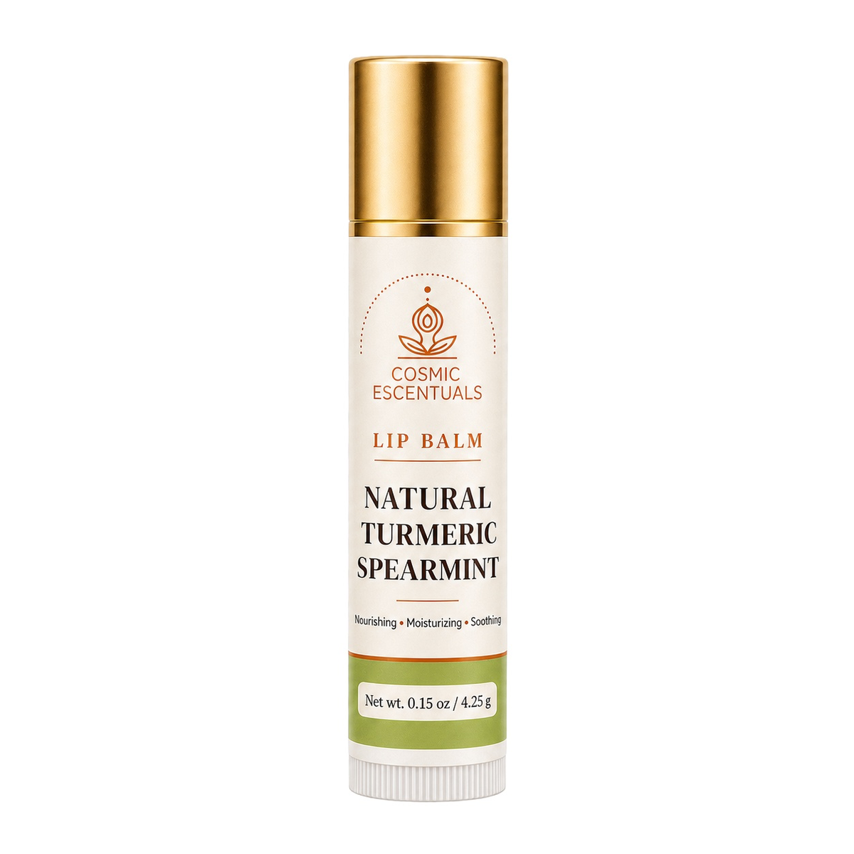 A single tube of Cosmic Escentuals Natural Turmeric Spearmint lip balm, featuring a gold cap, white label, and green accent band, set against a plain white background.