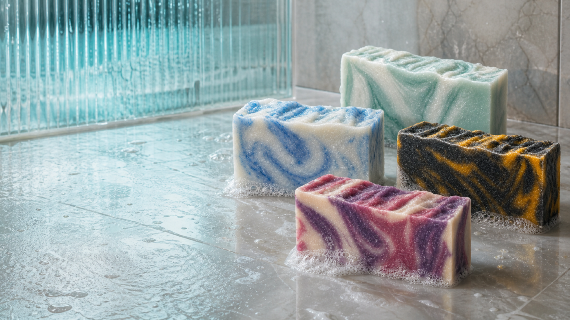 Four artisanal marbled soap bars in different color combinations (blue, green, yellow, purple) arranged on a wet tiled floor with soap foam around them.