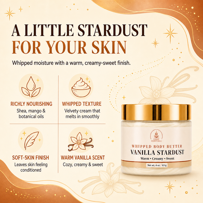A jar of whipped body butter labeled 'Vanilla Stardust' on a warm cream background with decorative gold stars and text describing its richly nourishing, velvety texture, soft skin finish, and warm vanilla scent.