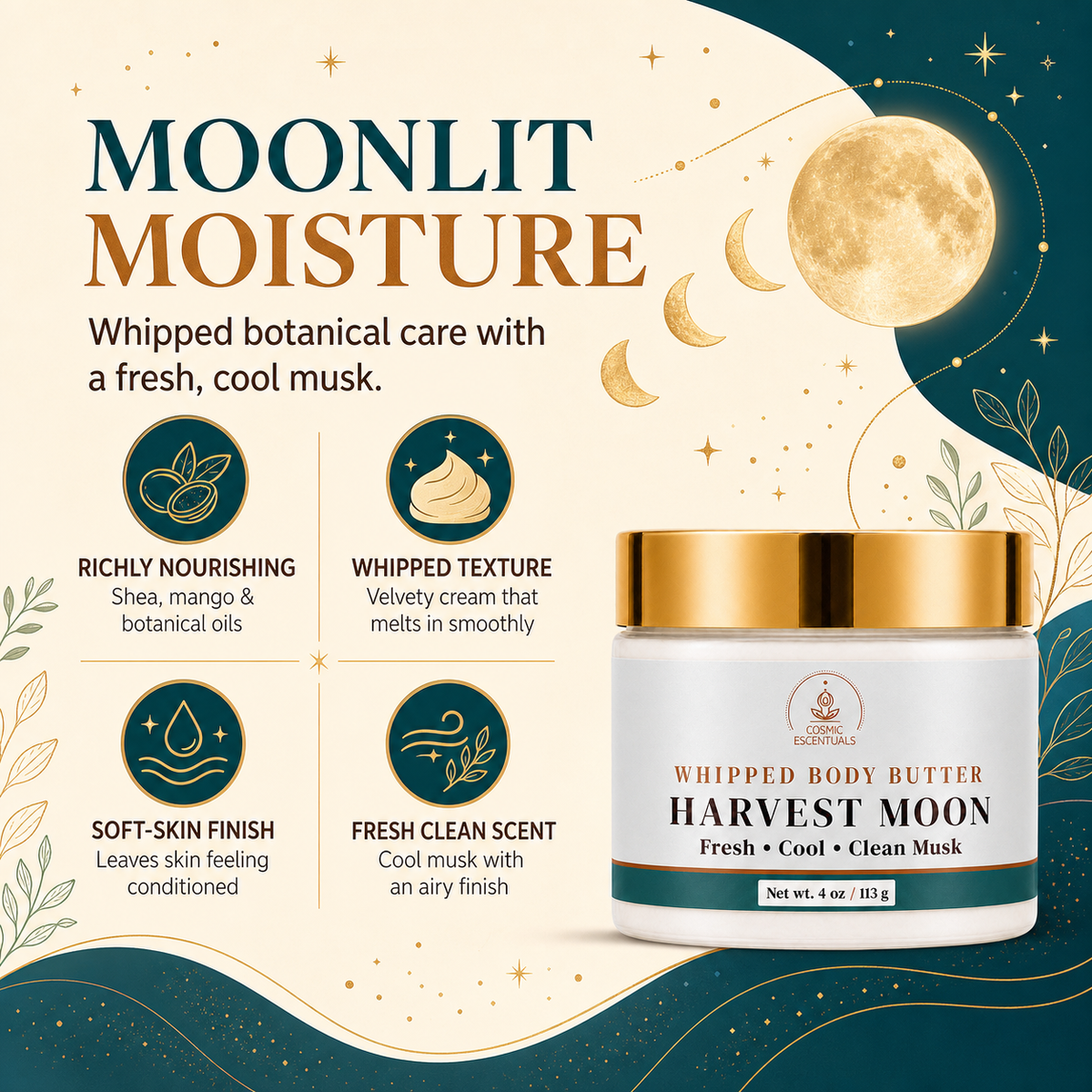 A cosmetic jar labeled 'Moonlit Moisture' shown on a decorative promotional graphic. The product is a whipped body butter jar with a white body and metallic gold lid, placed on a cream and dark teal background with moon illustrations and text describing richly nourishing, whipped texture, soft skin finish, and fresh clean scent.