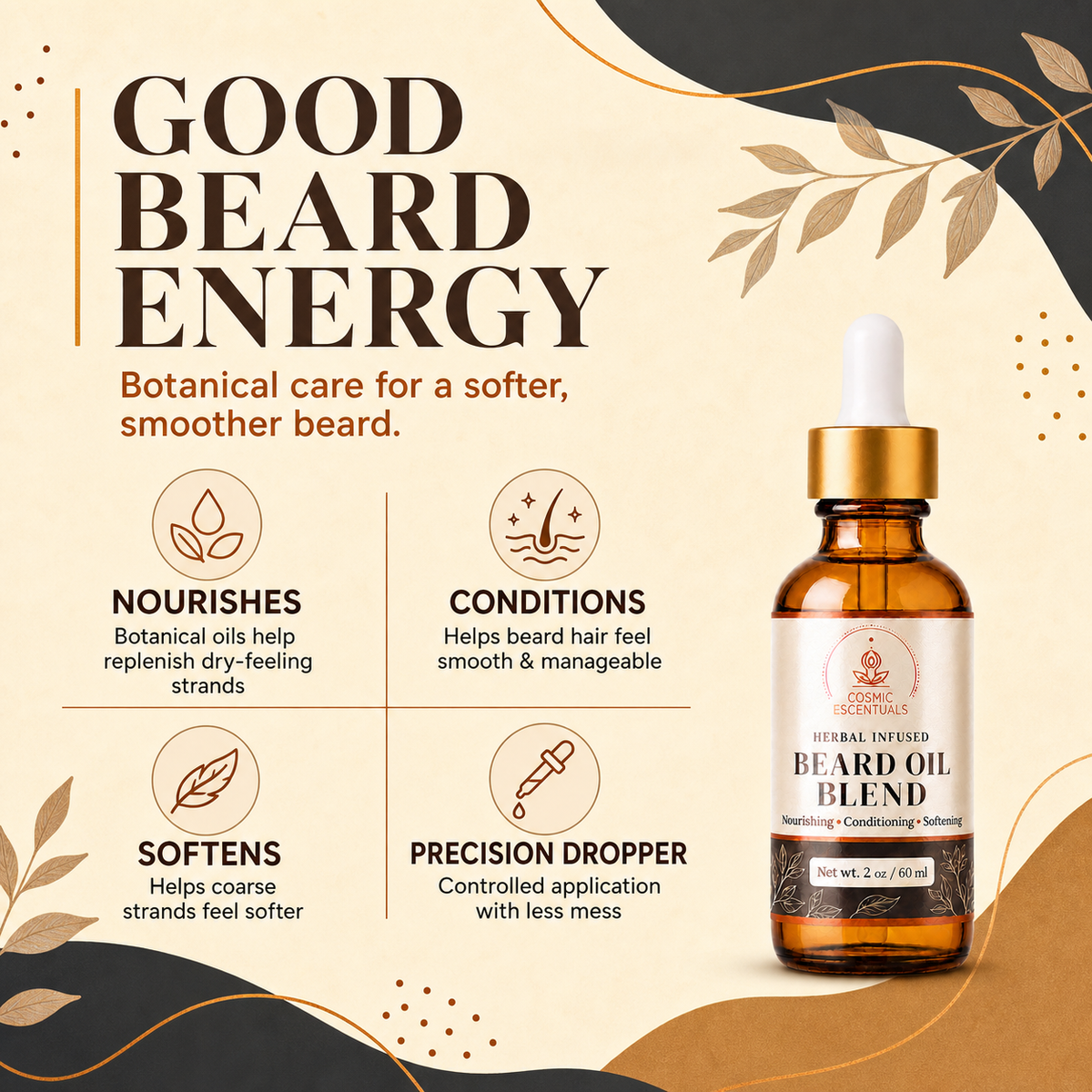 Beard Oil Blend bottle on a styled beige and black promotional background with text highlighting beard care benefits. The amber glass bottle has a white dropper cap and a cream label with gold accents.