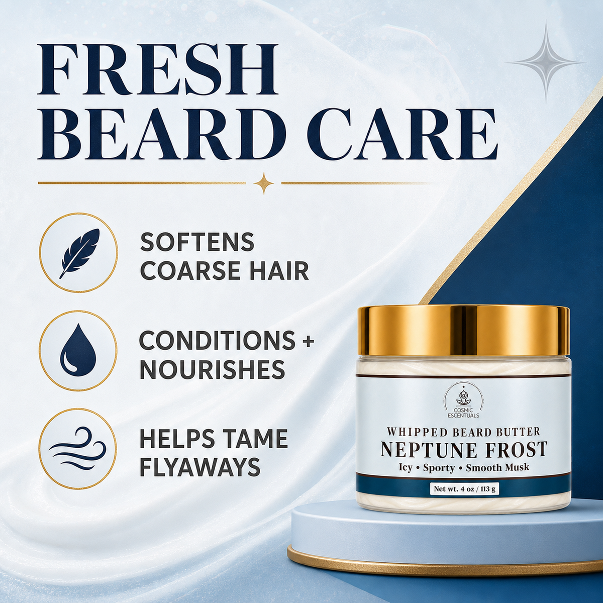 A jar of Neptune Frost Whipped Beard Butter displayed on a light blue pedestal, with promotional text and icons for beard care on a blue and white background.
