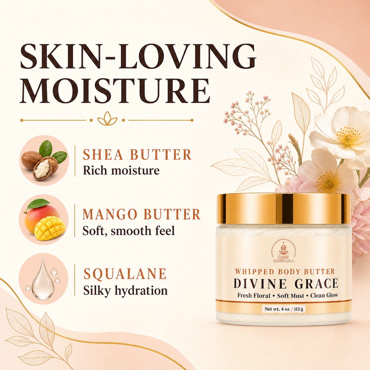 A cosmetic jar labeled 'Whipped Body Butter Divine Grace' on a soft beige promotional background with text highlighting shea butter, mango butter, and squalane benefits, plus floral illustrations.