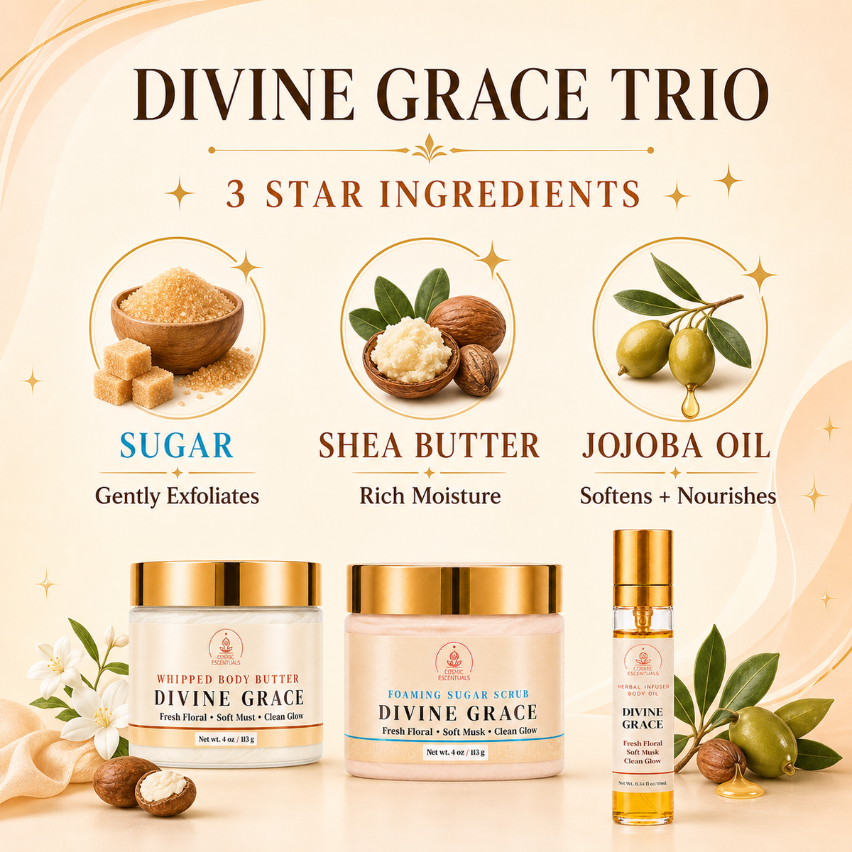 Divine Grace Trio skincare set featuring whipped body butter, sugar scrub, and jojoba oil in elegant white jars with gold lids, displayed on a warm beige background with ingredient callouts for sugar, shea butter, and jojoba oil.