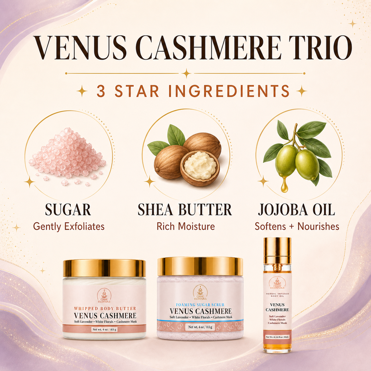 Venus Cashmere Trio skincare set featuring three products: a sugar exfoliating mask, a rich moisture shea butter scrub, and a jojoba oil serum, displayed on a soft beige and lavender background with ingredient illustrations.