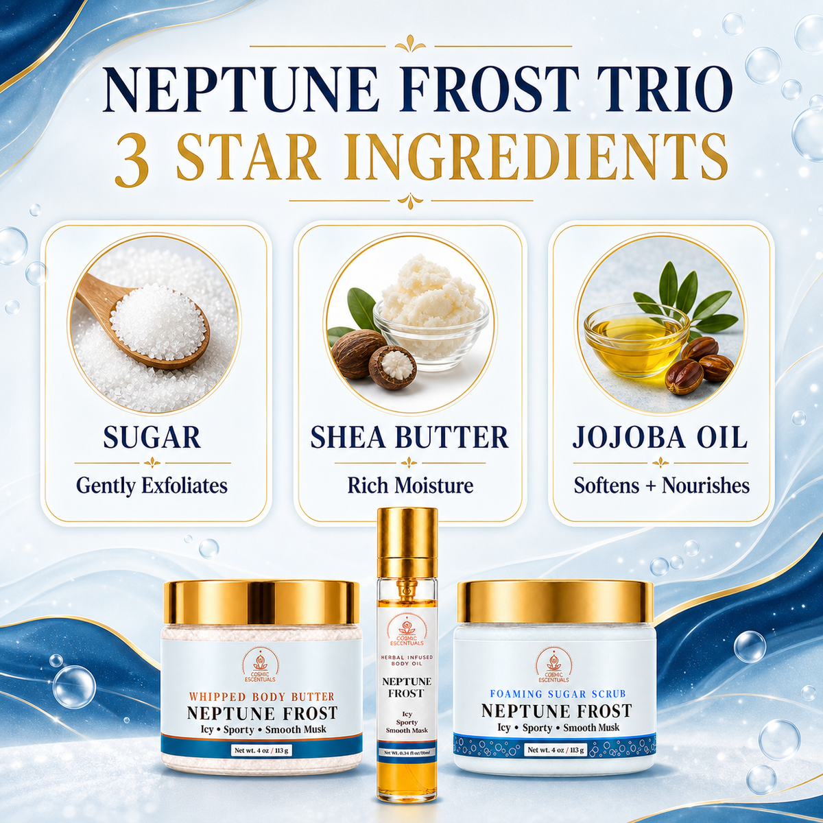 Neptune Frost Trio set featuring three skincare products: a whipped body butter jar, a foaming sugar scrub jar, and a small serum bottle, all with gold lids and white labels. Above them are three ingredient callouts showing sugar, shea butter, and jojoba oil, with the text 'Neptune Frost TRIO 3 STAR INGREDIENTS' at the top.