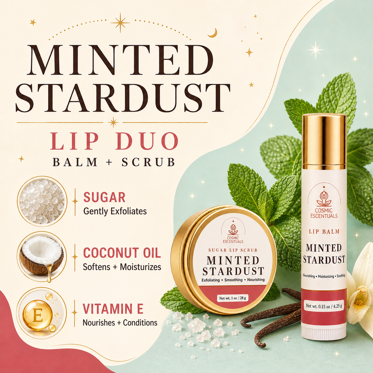 Cosmic Escentuals Minted Stardust Lip Duo featuring a lip balm tube and a lip scrub jar, set against a decorative cream and mint green background with text detailing ingredients like sugar, coconut oil, and vitamin E.