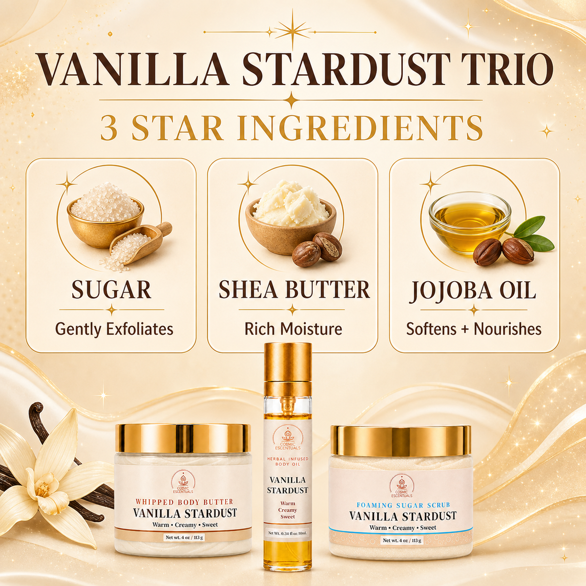 Three skincare products from Vanilla Stardust Trio are displayed against a warm cream background with decorative text and ingredient callouts: a whipped body butter jar, a small serum bottle, and a sugar scrub jar. The products feature gold lids and labels with white and blue accents.