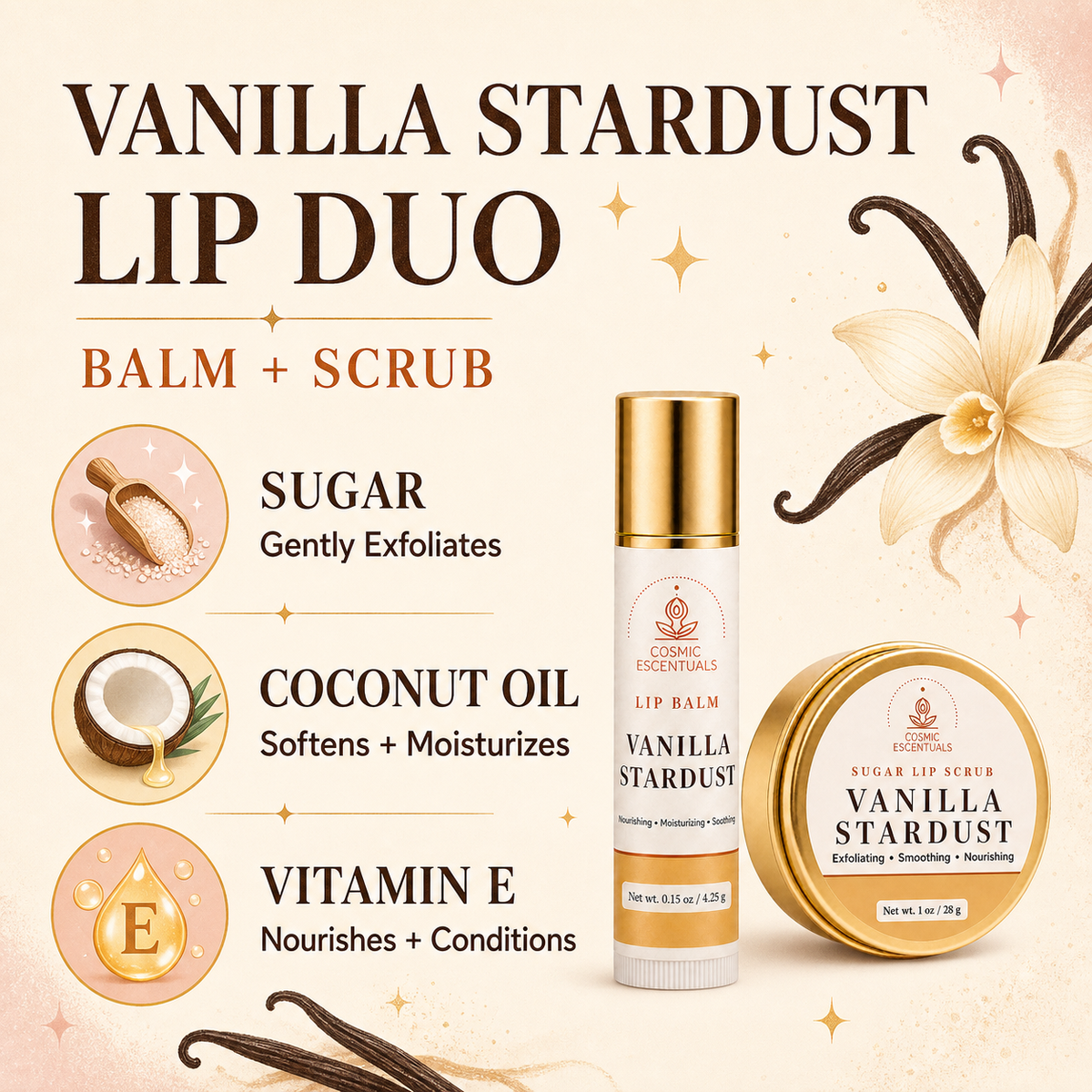 Vanilla Stardust Lip Duo by Cosmic Escentuals, featuring a lip balm tube and a lip scrub jar with gold lids, set against a warm cream background with vanilla bean illustrations and ingredient callouts.